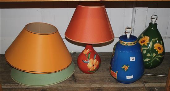 3 floral modern pottery tables lamps and shades(-)